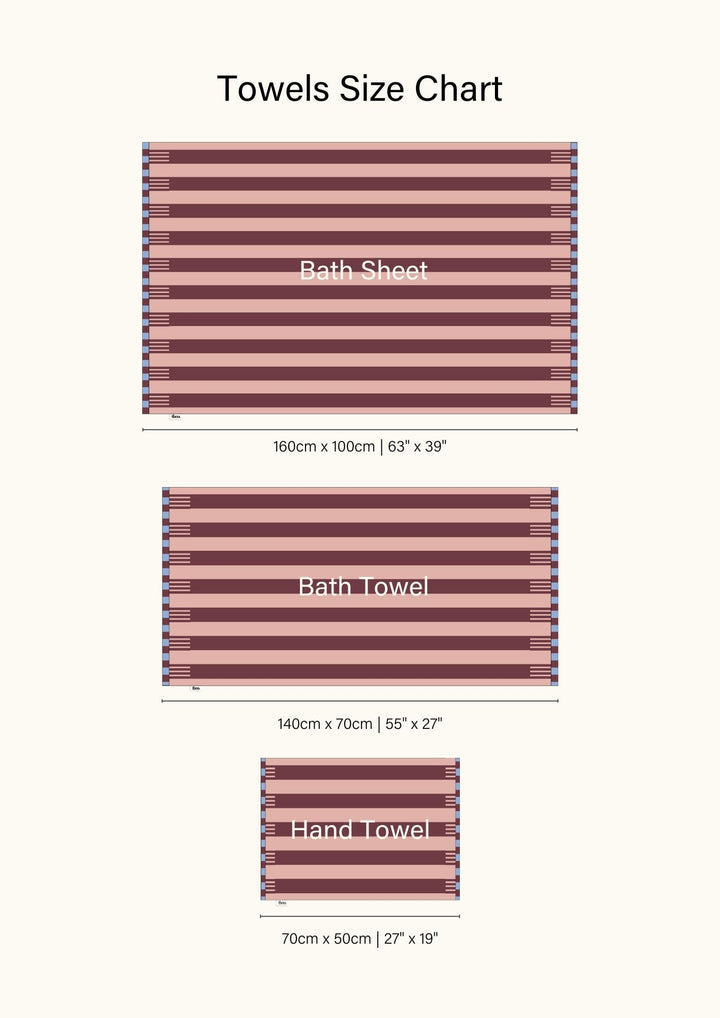 Size chart showing TBCo Cotton Towels in Pink Stripe dimensions for bath sheet, bath towel and hand towel with measurements