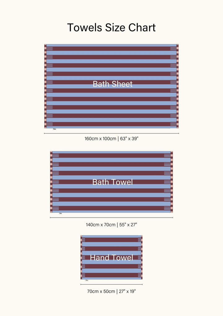 TBCo Cotton Towels in Blue Stripe size chart showing dimensions for bath sheet, bath towel and hand towel with striped design