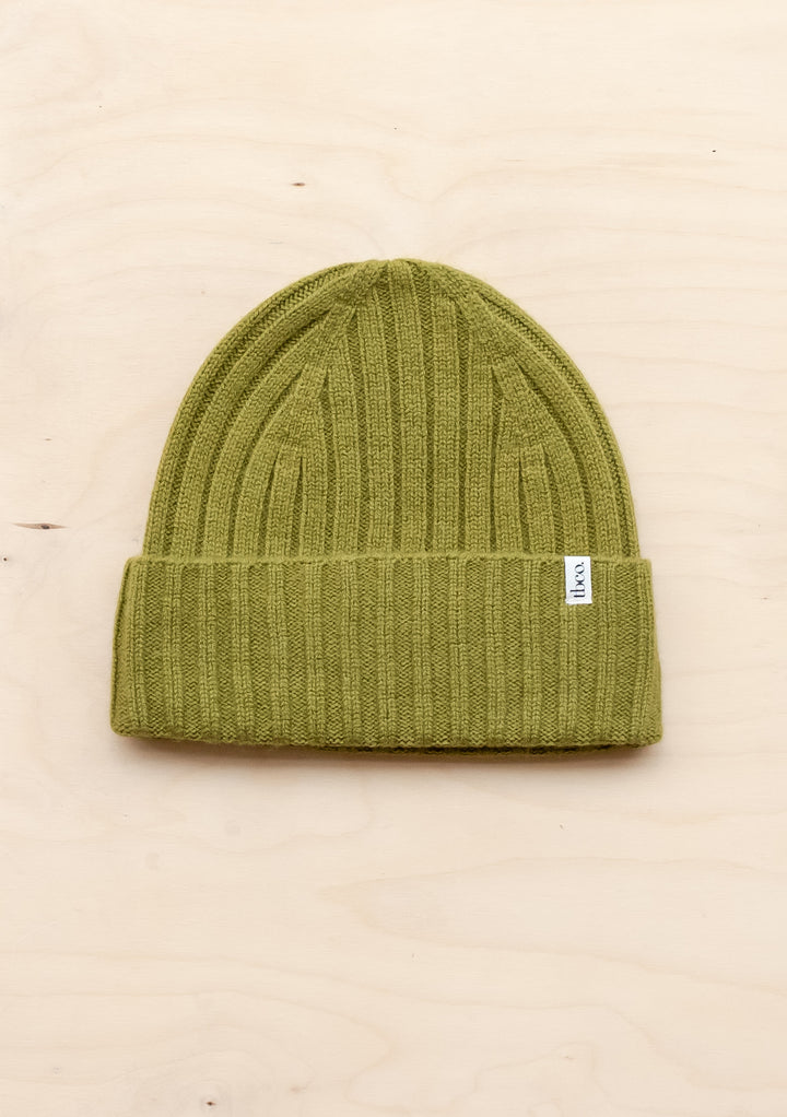 TBCo olive cashmere and merino wool beanie with ribbed texture and folded brim, showcasing luxury winter warmth
