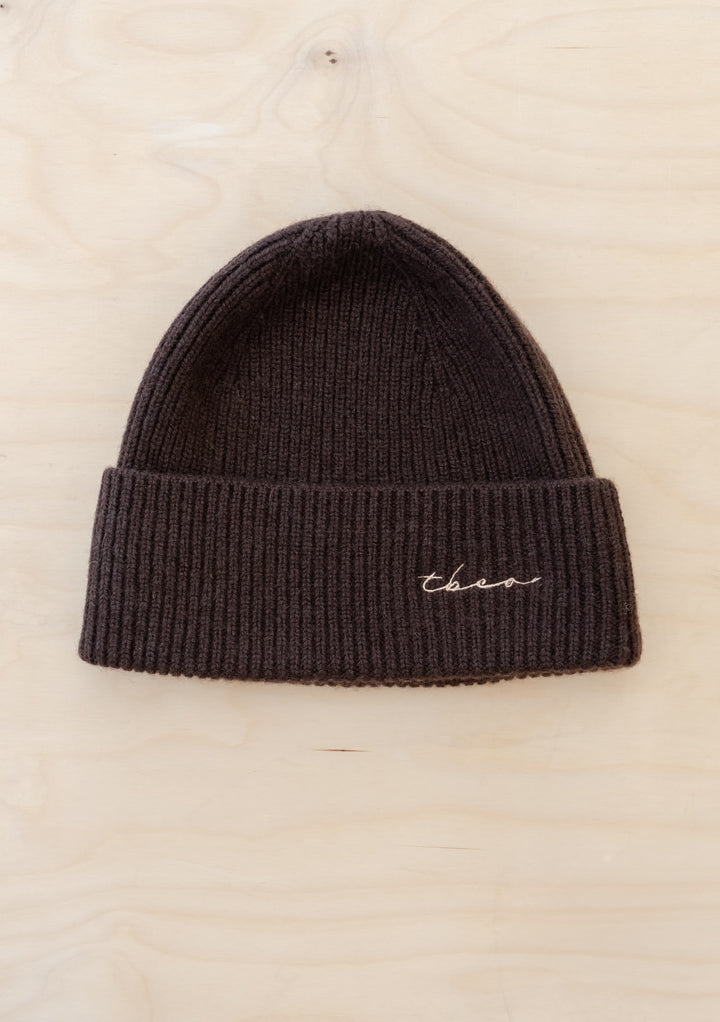 Cashmere & Merino Beanie in Chocolate by TBCo with ribbed knit texture and subtle TBCo logo embroidery.