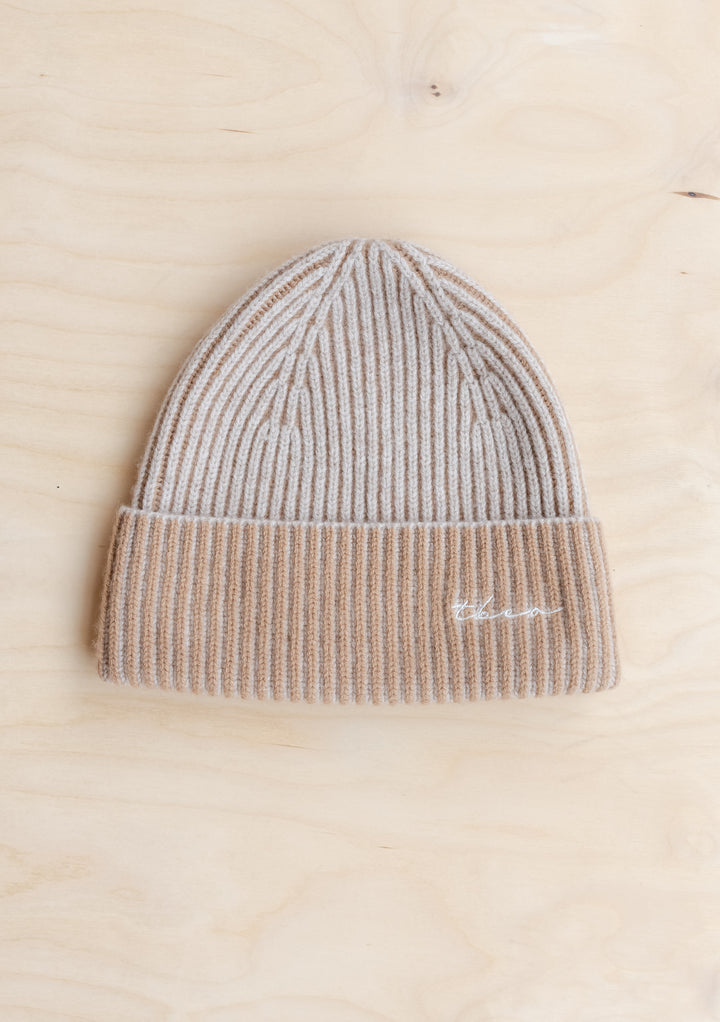 Cashmere & Merino Beanie in Oatmeal Two-Tone with TBCo logo embroidered, soft ribbed knit for warmth and style