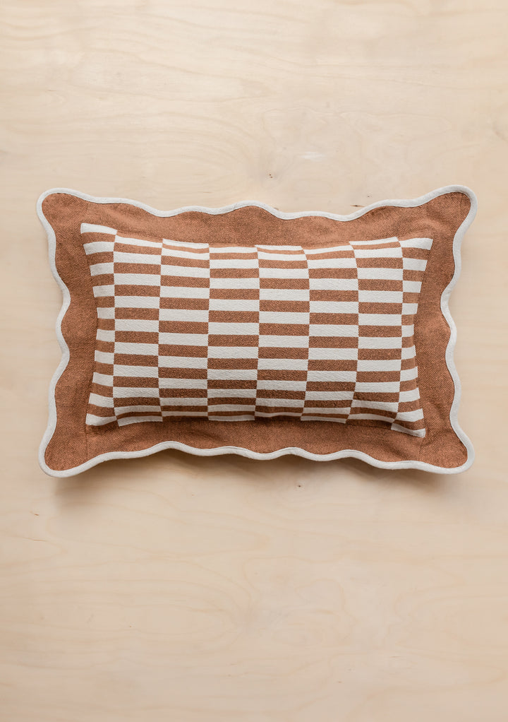 TBCo Cotton Cushion Cover in camel and cream checkerboard pattern with scalloped edges, rectangular decorative pillow