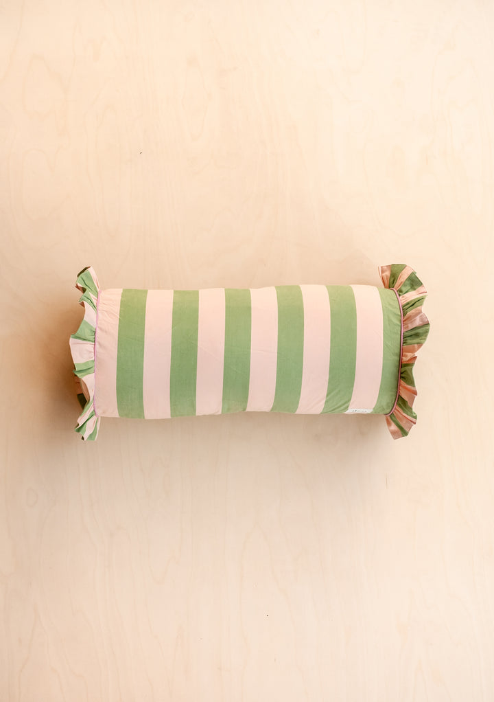 Cotton Bolster Cushion Cover in Green Stripe Ruffle by TBCo with textured frill trim in soft green and pink tones