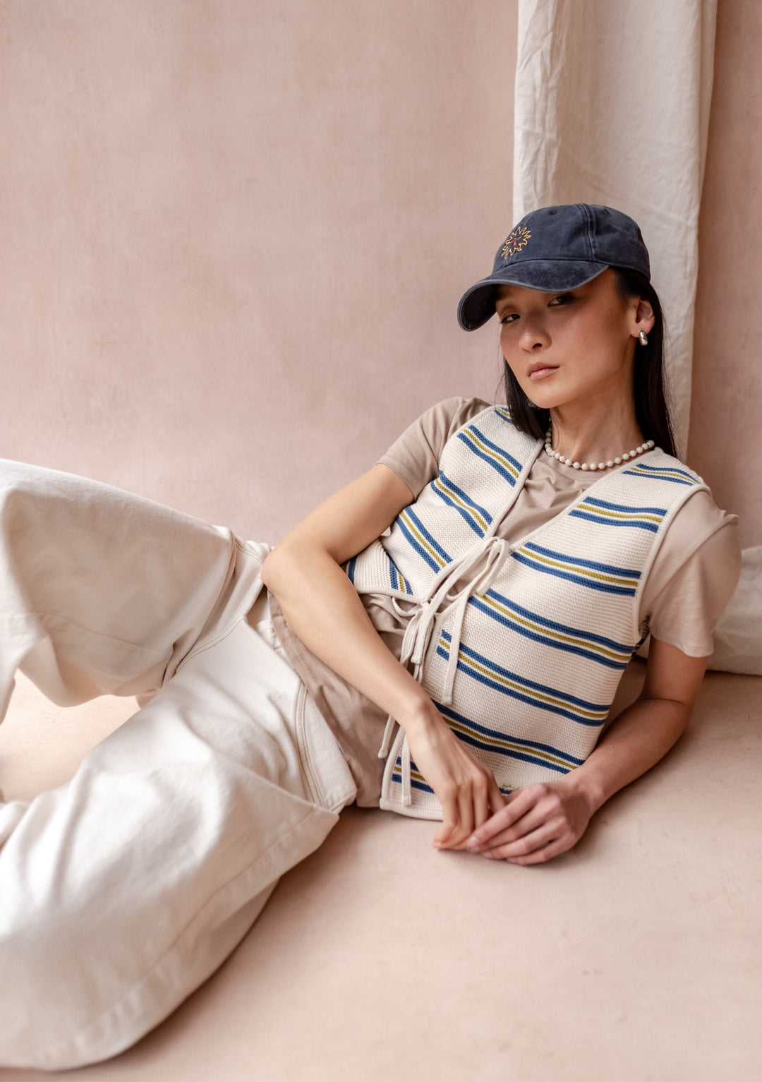 TBCo Recycled Cotton Cap in Sun features floral embroidery detail on blue cotton with adjustable strap for custom fit