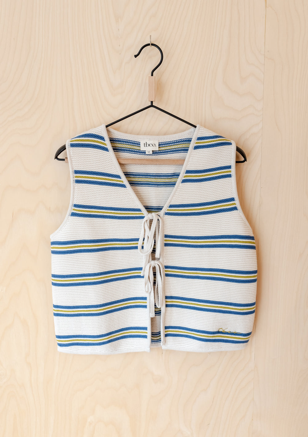 TBCo Cotton Knitted Vest in cream with blue and green stripes, featuring tie-front closure and relaxed summer fit