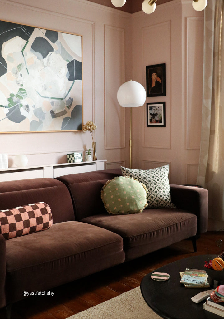 Cotton Cushion Cover in Reversible Bolster Checkerboard by TBCo adds colour and texture to a stylish living room sofa.