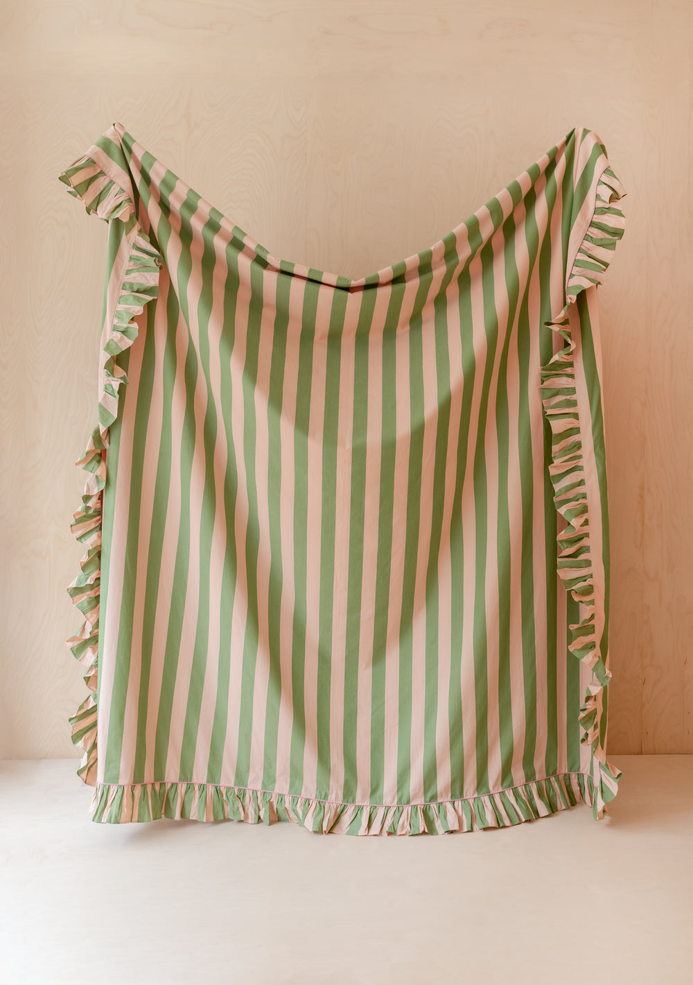 TBCo Cotton Duvet Cover featuring green and white stripes with delicate ruffle trim, displayed on neutral background