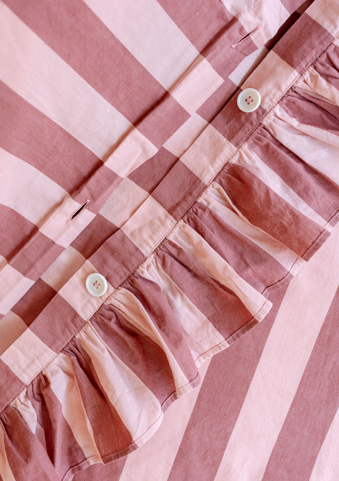 TBCo Cotton Duvet Cover featuring pink and burgundy stripes with ruffled trim detail and button closures, displayed on white background