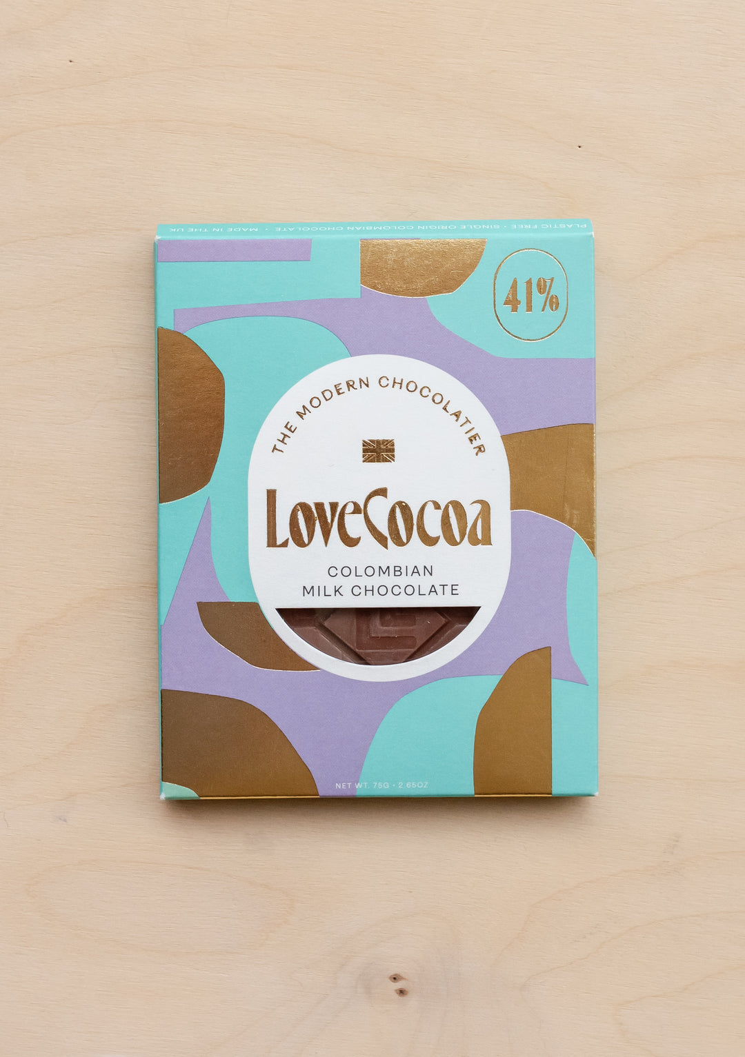TBCo Colombian 41% Milk Chocolate Bar by Love Cocoa in turquoise and purple packaging with modern geometric design