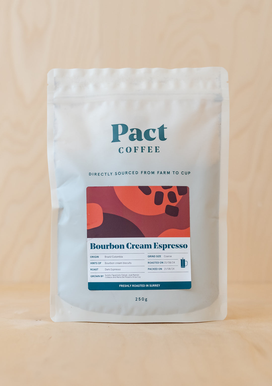 TBCo Pact Bourbon Cream Espresso Coffee in white packaging, featuring dark espresso roast coffee with hints of bourbon biscuits