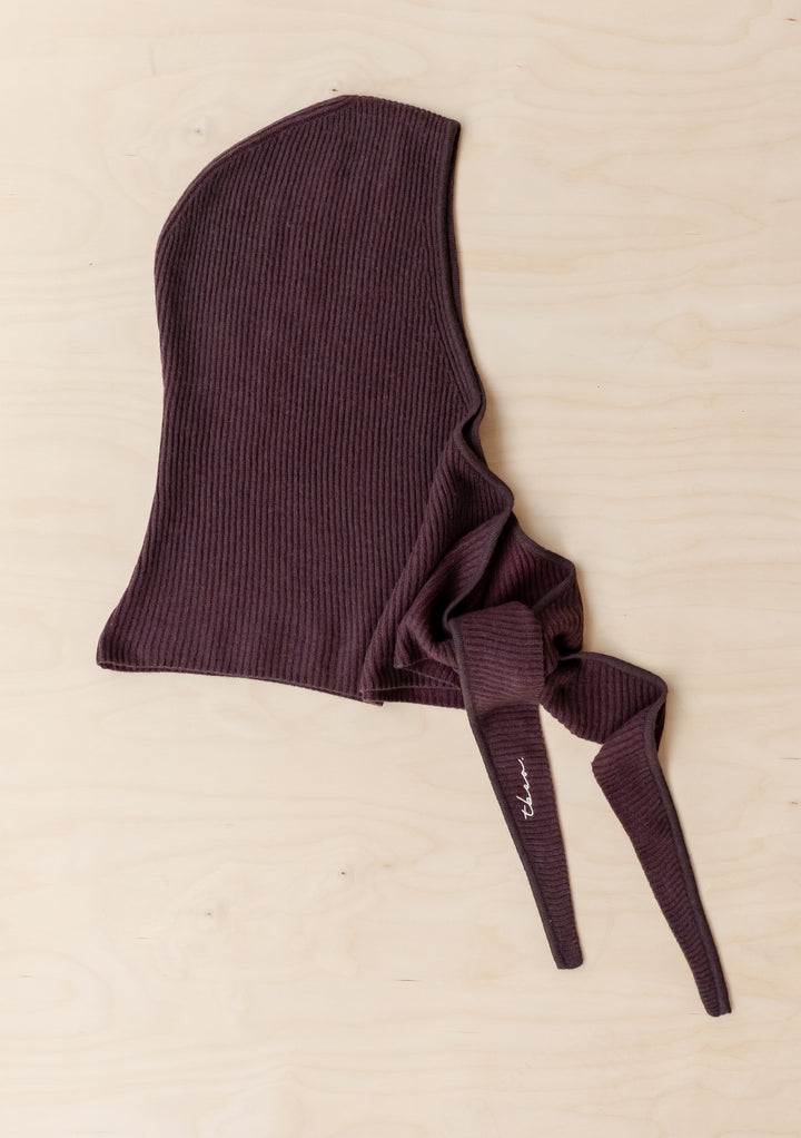 Merino Hood in Brown Two-Tone by TBCo, a soft, breathable merino wool hood and scarf with long ties for versatile styling.