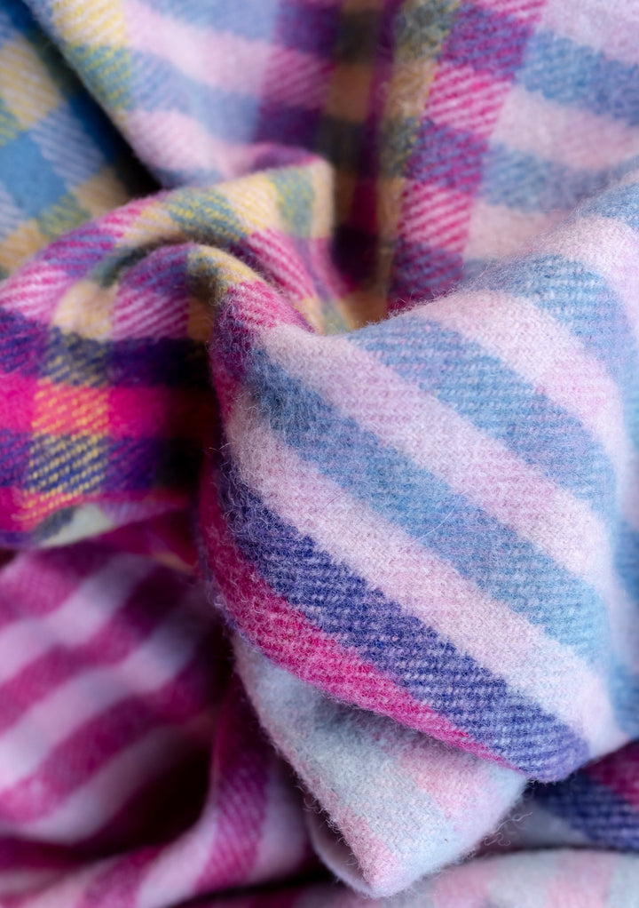 Close-up view of TBCo Recycled Wool Blanket in Pink Micro Gingham showing textured weave and soft pink and blue stripes