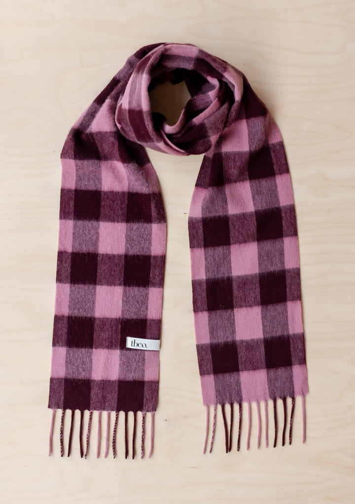 Soft TBCo Lambswool Skinny Scarf in Berry Gingham with classic check pattern and fringed edges for warmth and style