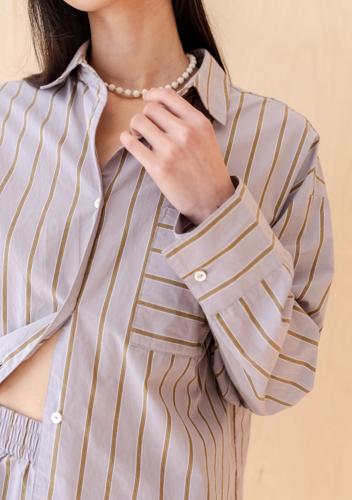 TBCo Cotton Shirt in Lilac Stripe, oversized relaxed fit with olive stripes, made from premium cotton poplin, designed in Edinburgh