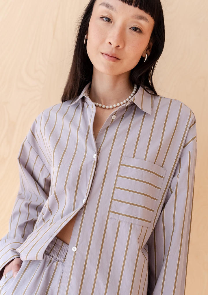 TBCo Cotton Shirt in lilac and olive stripes with oversized fit, front pocket detail and classic button-down design