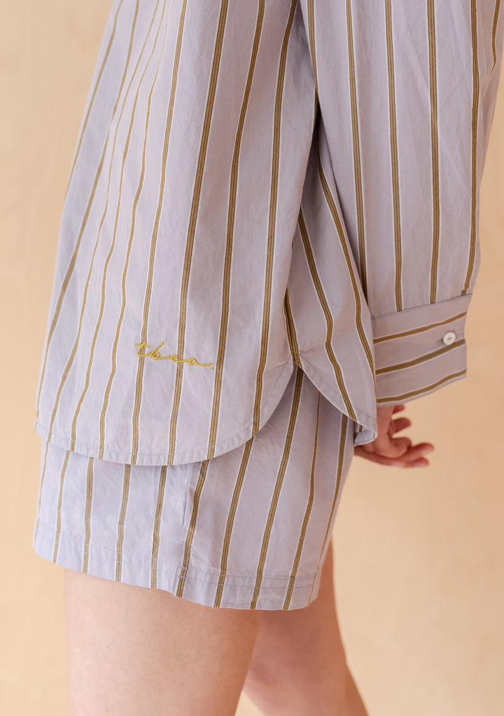 TBCo Cotton Shirt in Lilac Stripe featuring olive stripes and oversized fit, made from breathable cotton poplin