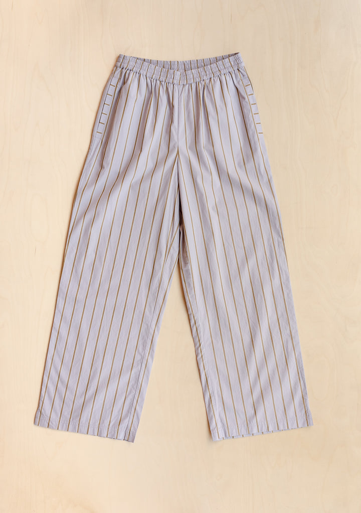 TBCo Cotton Trousers in Lilac Stripe with olive stripes, featuring elasticated waistband and relaxed-fit design