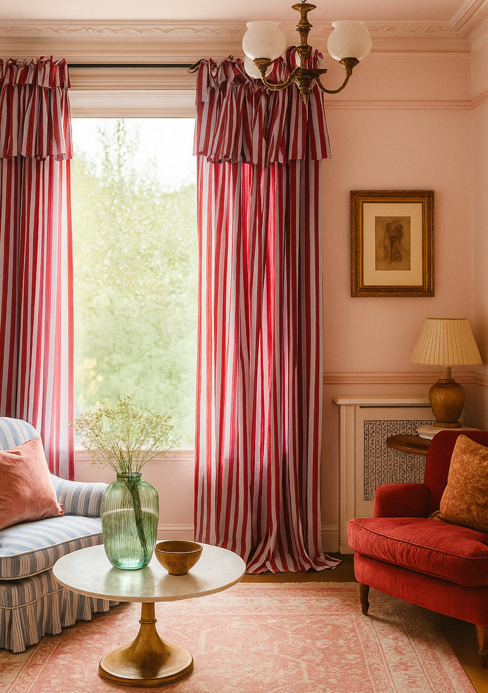 Pair of Cotton Tie-Top Curtains in Lilac Stripe by TBCo hanging in a cosy living room with soft natural light.