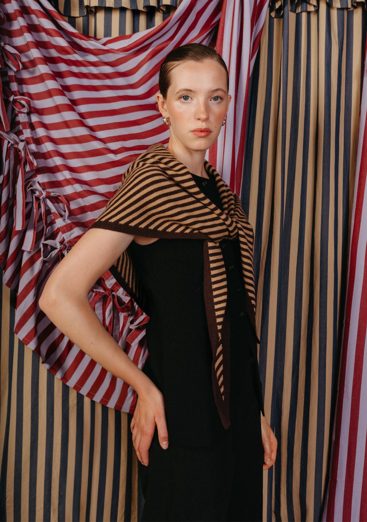 Large Merino Wool Triangle Scarf in Camel & Brown Stripe  TBCo