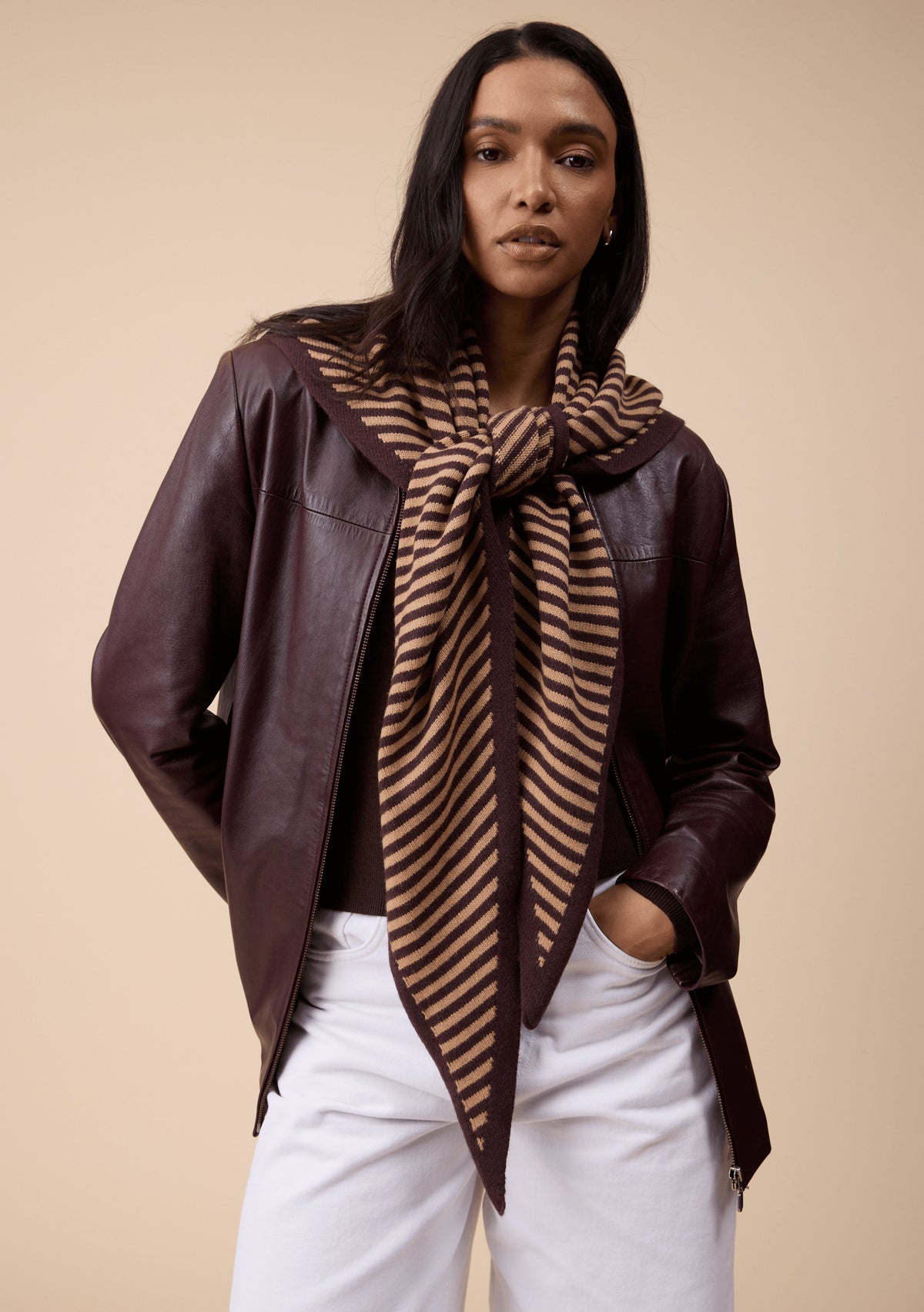 Large Merino Wool Triangle Scarf in Camel & Brown Stripe – TBCo