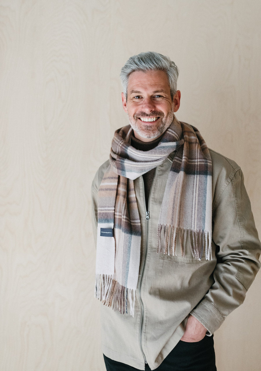 Men's Lambswool Scarf in Stewart Natural Dress Tartan - TBCo