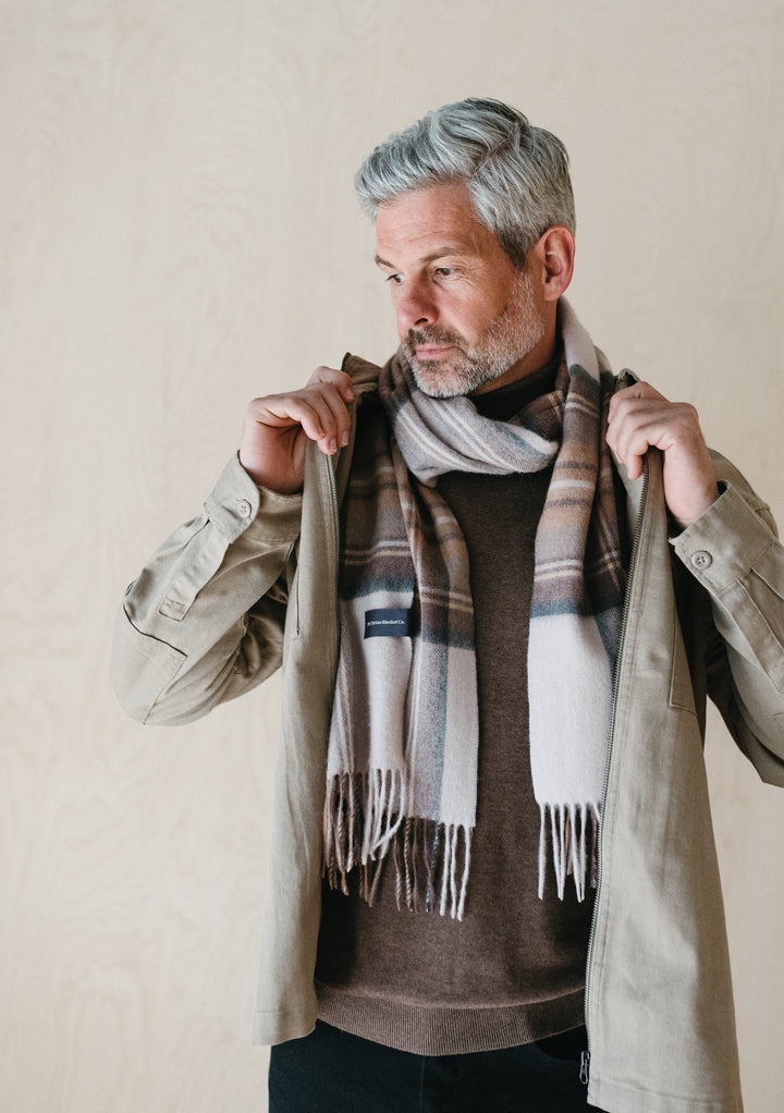 Men's Lambswool Scarf in Stewart Natural Dress Tartan - TBCo