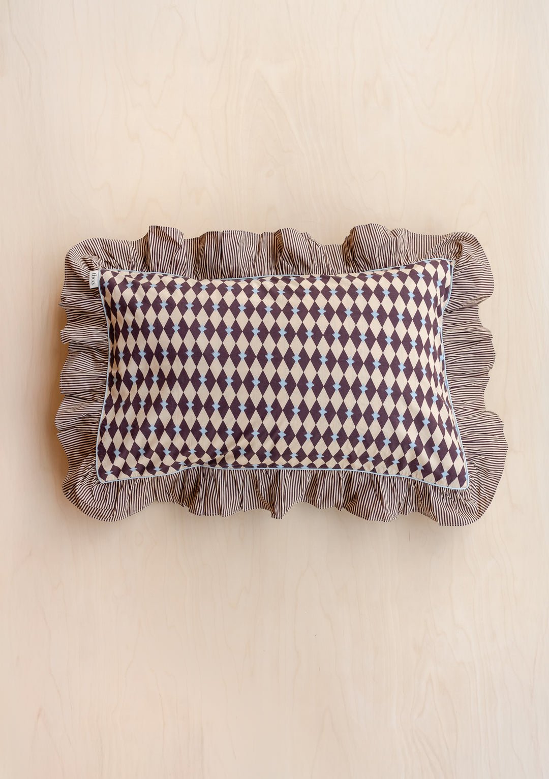 Pair of Cotton Pillowcases in Camel Harlequin by TBCo featuring a ruffled edge and reversible harlequin and stripe design.