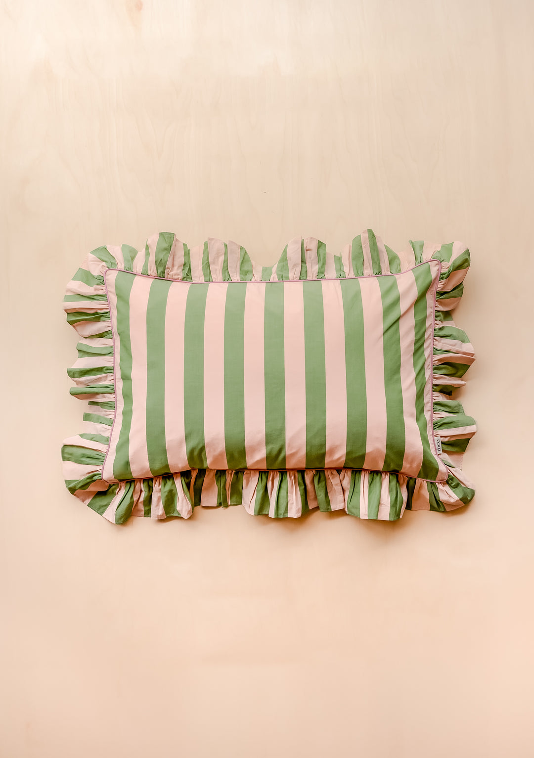 TBCo Cotton Pillowcase with Green and White Stripes and Ruffled Edge, Standard Size Bedding