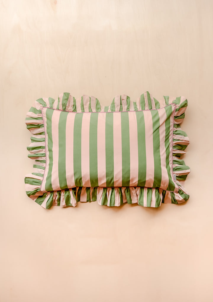 TBCo Cotton Pillowcase with Green and White Stripes and Ruffled Edge, Standard Size Bedding