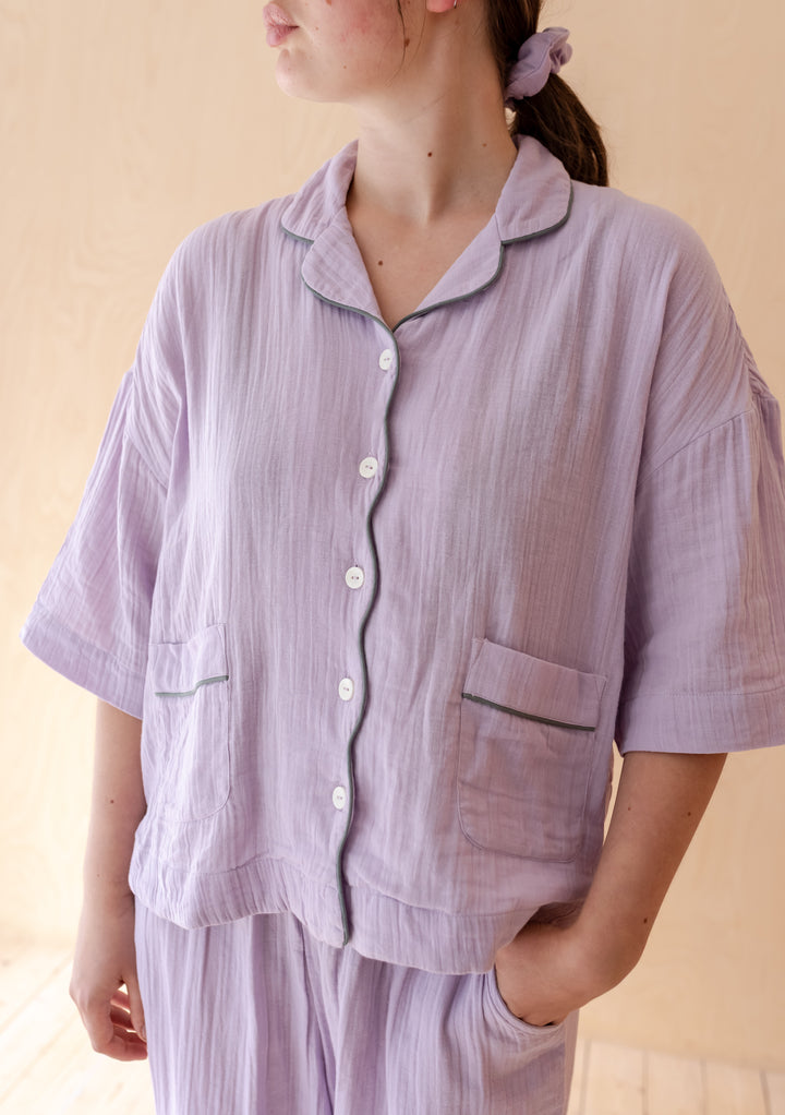 Sample Sale Cropped Cotton Pyjamas in Lilac