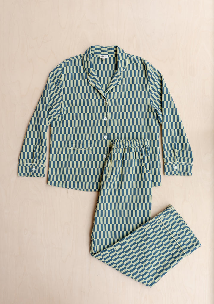 TBCo Cotton Pyjamas in teal and green checkerboard pattern featuring collared top and matching trousers on beige background