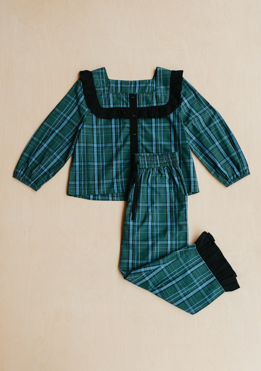 Cotton Pyjamas in Green Tartan by TBCo with ruffle collar and elastic waistband in soft breathable cotton fabric.