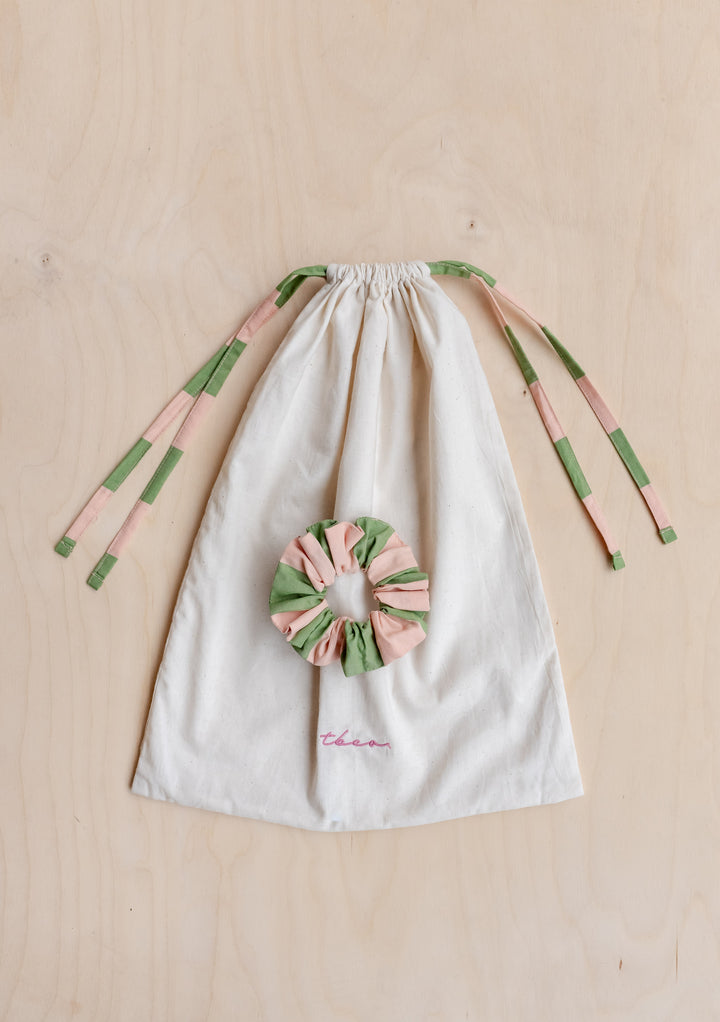 TBCo Cotton Pyjamas in Green Stripe with matching drawstring bag and hair scrunchie in cream, pink and green stripes