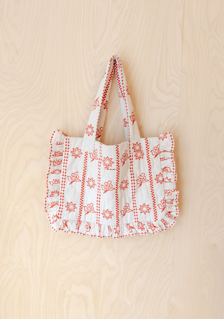 TBCo Quilted Cotton Tote Bag in Flora featuring red floral pattern with ruffled edges on white cotton, handcrafted design