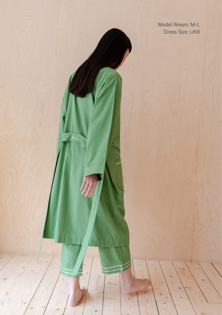 TBCo Cotton & Linen Robe in green shown from back view, featuring relaxed fit, sewn-in belt and matching pyjama bottoms