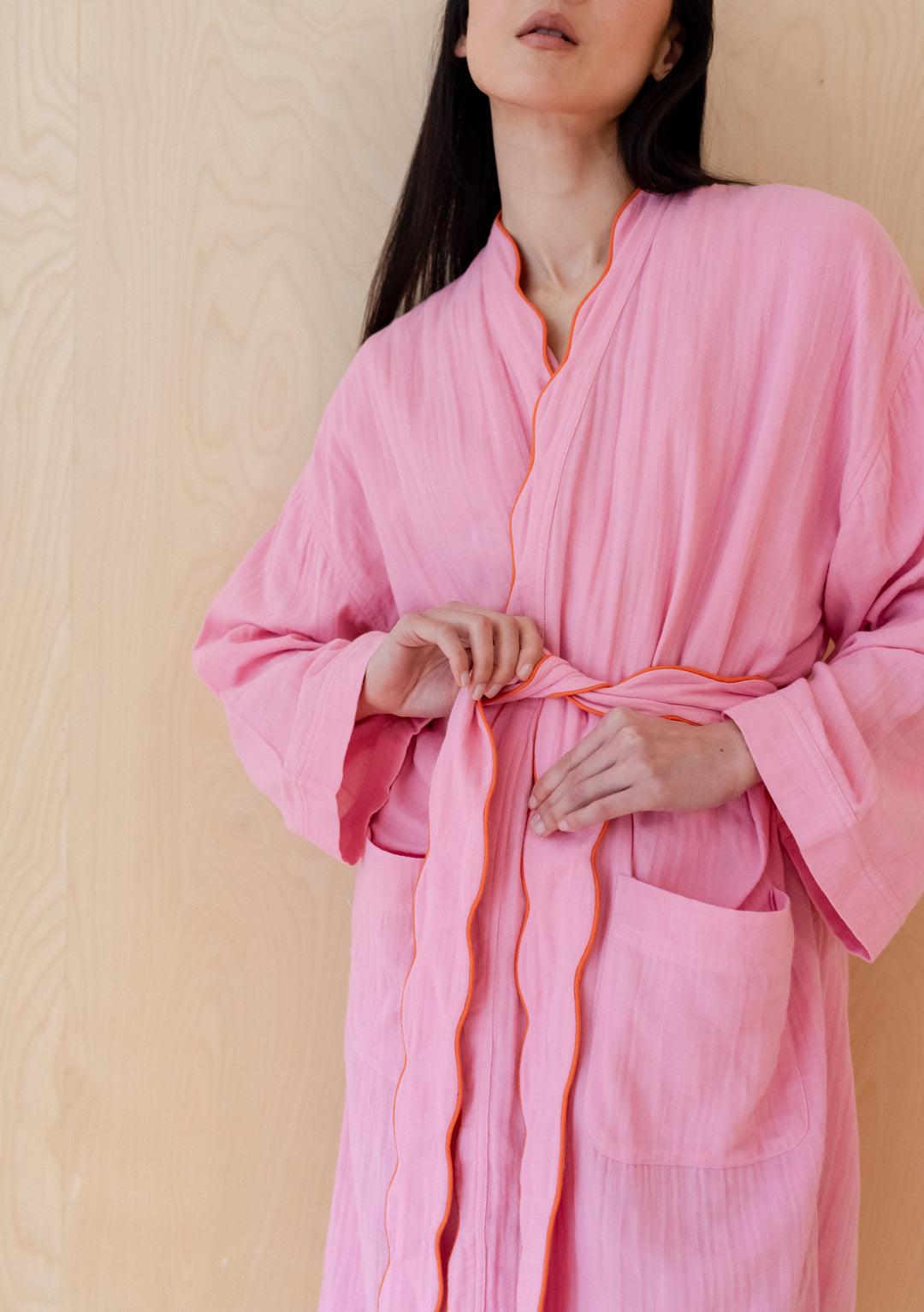 TBCo Cotton Robe in Pink Scallop with elegant scalloped edges, showcasing soft gauze fabric and relaxed-fit design
