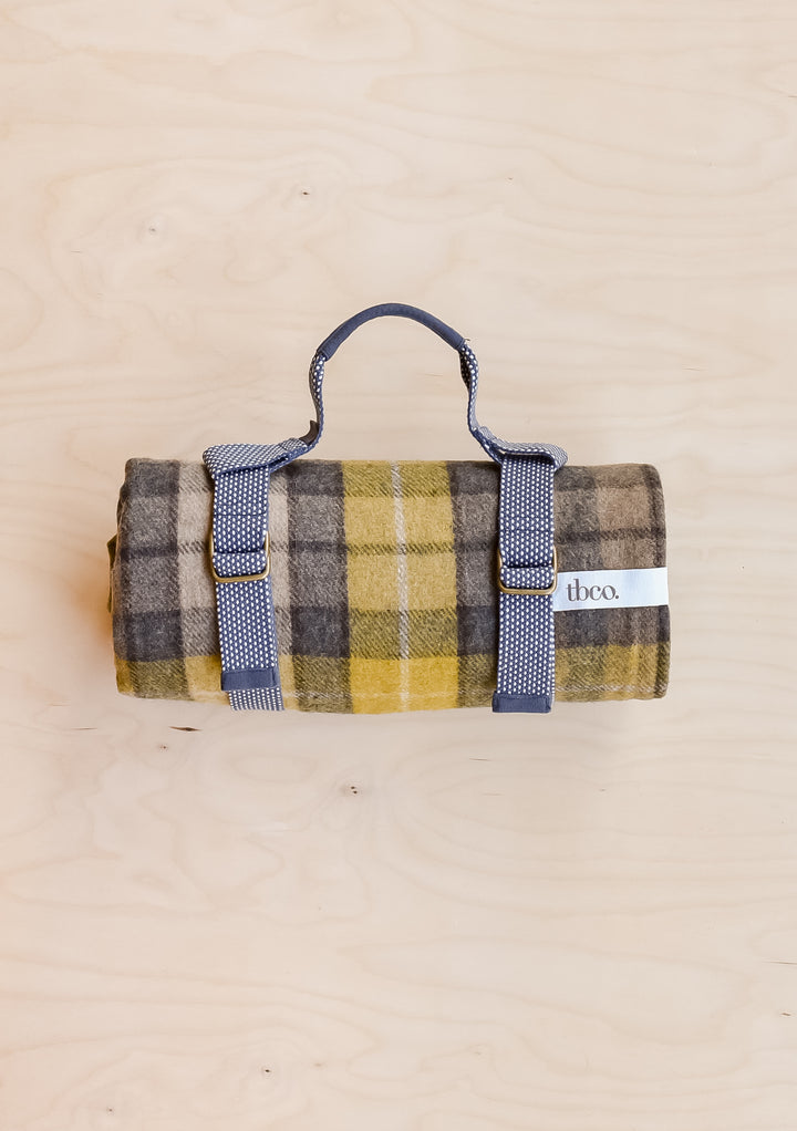 A TBCo recycled wool picnic blanket in Buchanan Natural Tartan, rolled up and held in a recycled plastic TBCo picnic carrier.