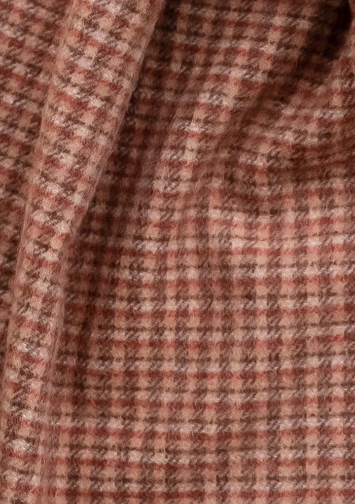 TBCo Lambswool Scarf in Camel Tweed Check featuring rust and brown houndstooth pattern woven in soft lambswool fabric