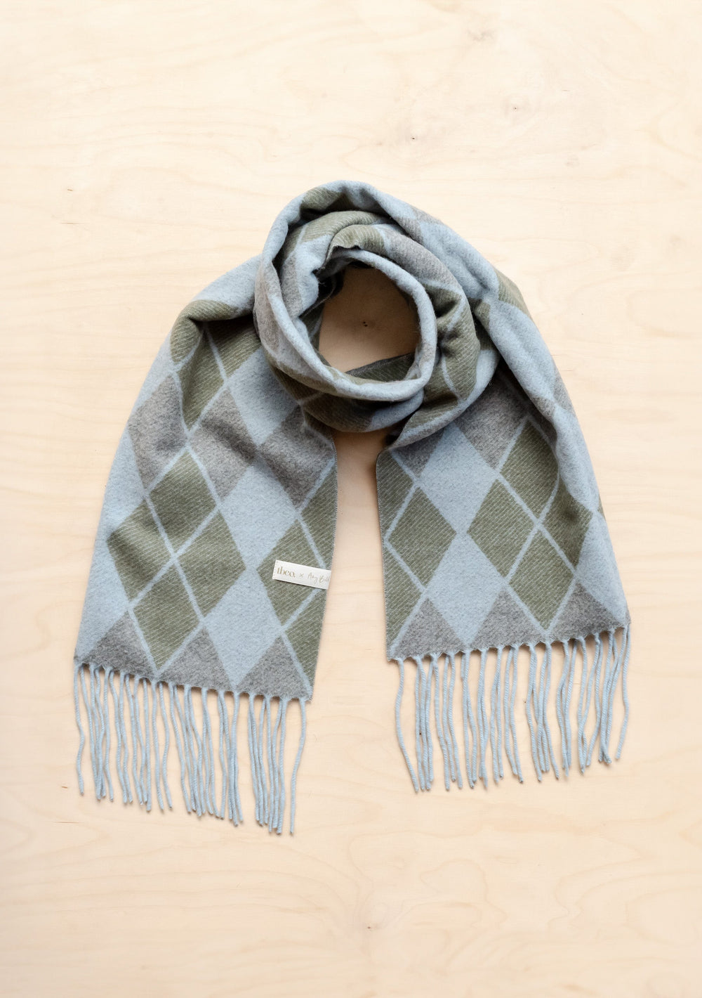 TBCo x Amy Bell Dunnottar Scarf in soft grey and sage argyle pattern with fringed ends, pure lambswool oversized design