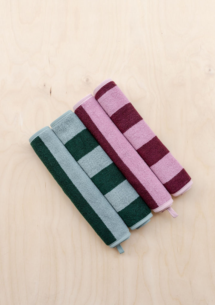 Terry Cotton Face Cloths Set of 2 in Burgundy Stripe by TBCo, soft absorbent cotton cloths for bathroom use