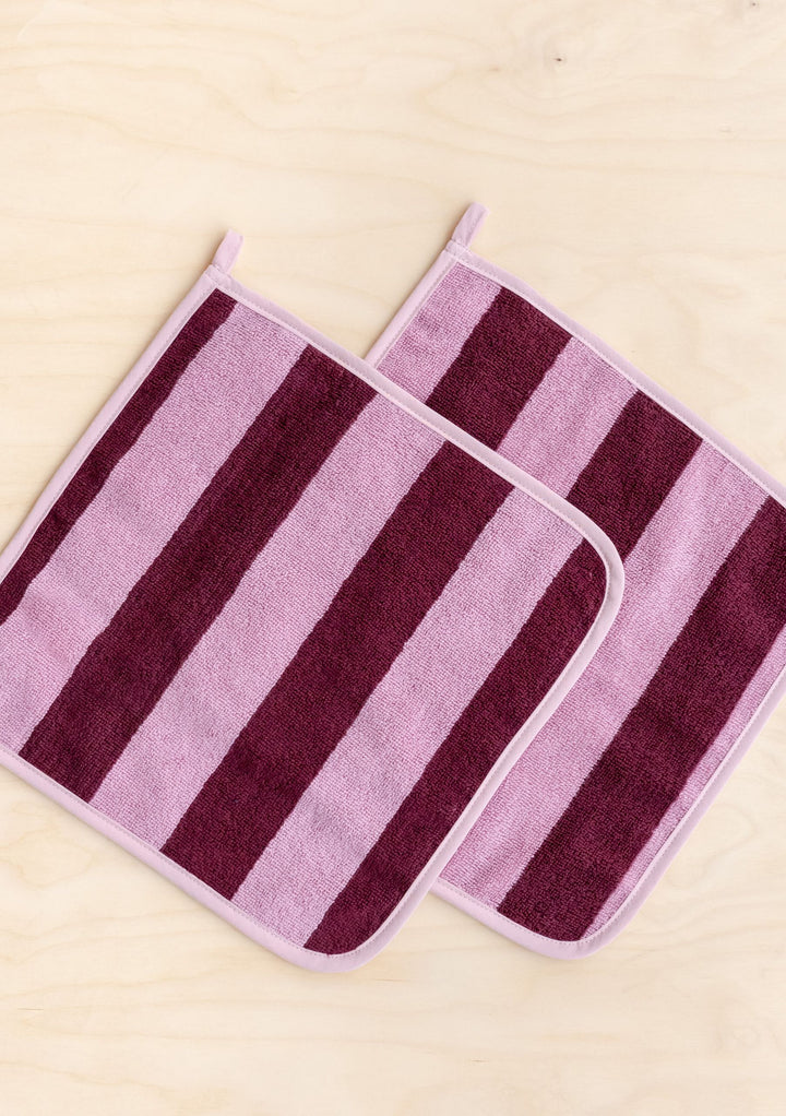 Terry Cotton Face Cloths Set of 2 in Burgundy Stripe by TBCo, soft absorbent terry cotton with pink and burgundy stripes