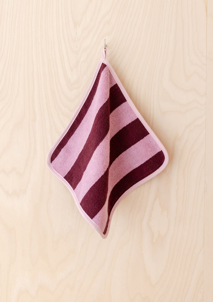 TBCo Terry Cotton Face Cloths Set of 2 in Burgundy Stripe hanging on hook, soft absorbent terry cotton design