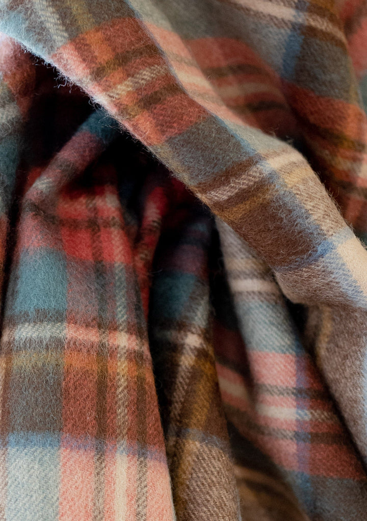 Close-up of TBCo Lambswool Oversized Scarf in Stewart Dress Antique Tartan showing soft texture and plaid pattern details