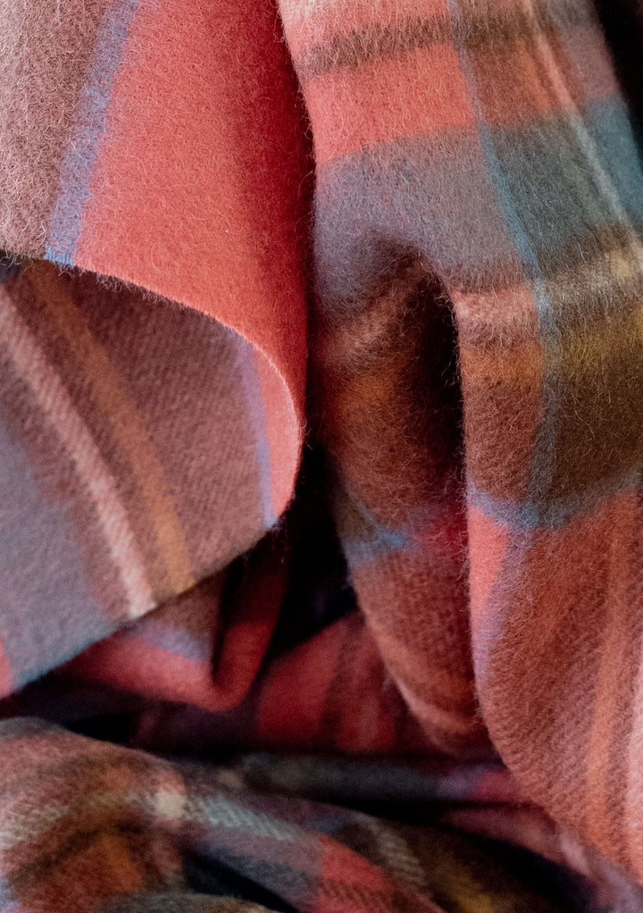 Close-up detail of TBCo Men's Lambswool Scarf in Stewart Royal Antique Tartan showing soft textured wool and traditional plaid pattern