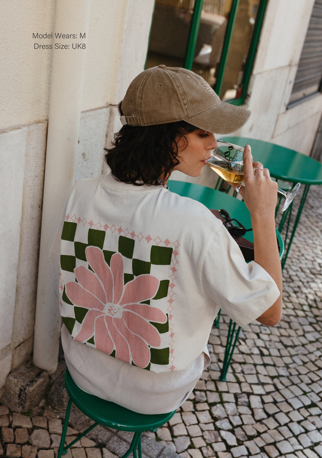 TBCo Cotton T-Shirt in Ecru Flora featuring green checkerboard pattern and pink floral design on white cotton fabric