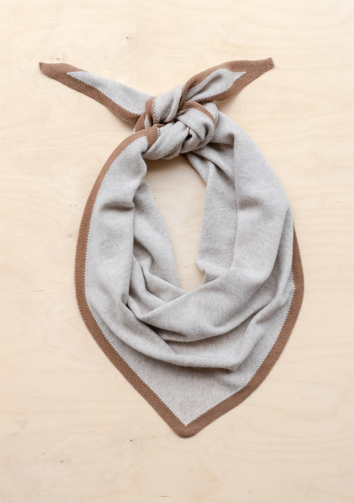 Large Merino Triangle Scarf in Oatmeal & Camel by TBCo, soft merino wool with camel edge and embroidered logo, styled knotted