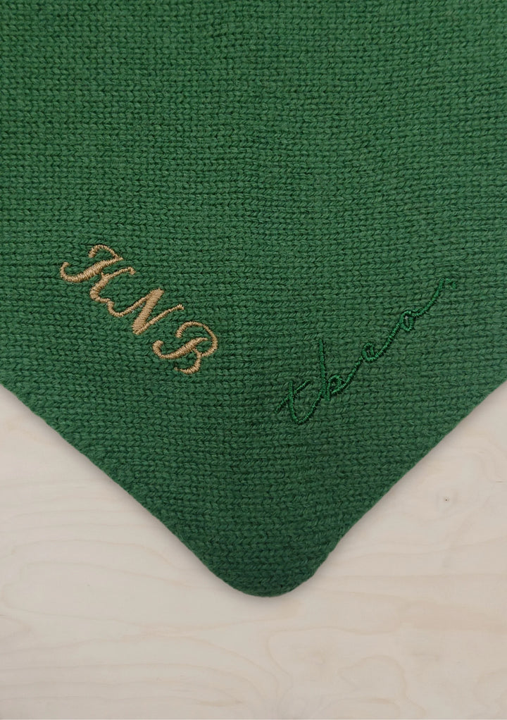 Merino Wool Triangle Scarf in Blue & Brown Stripe by TBCo personalised with custom embroidery on green fabric corner
