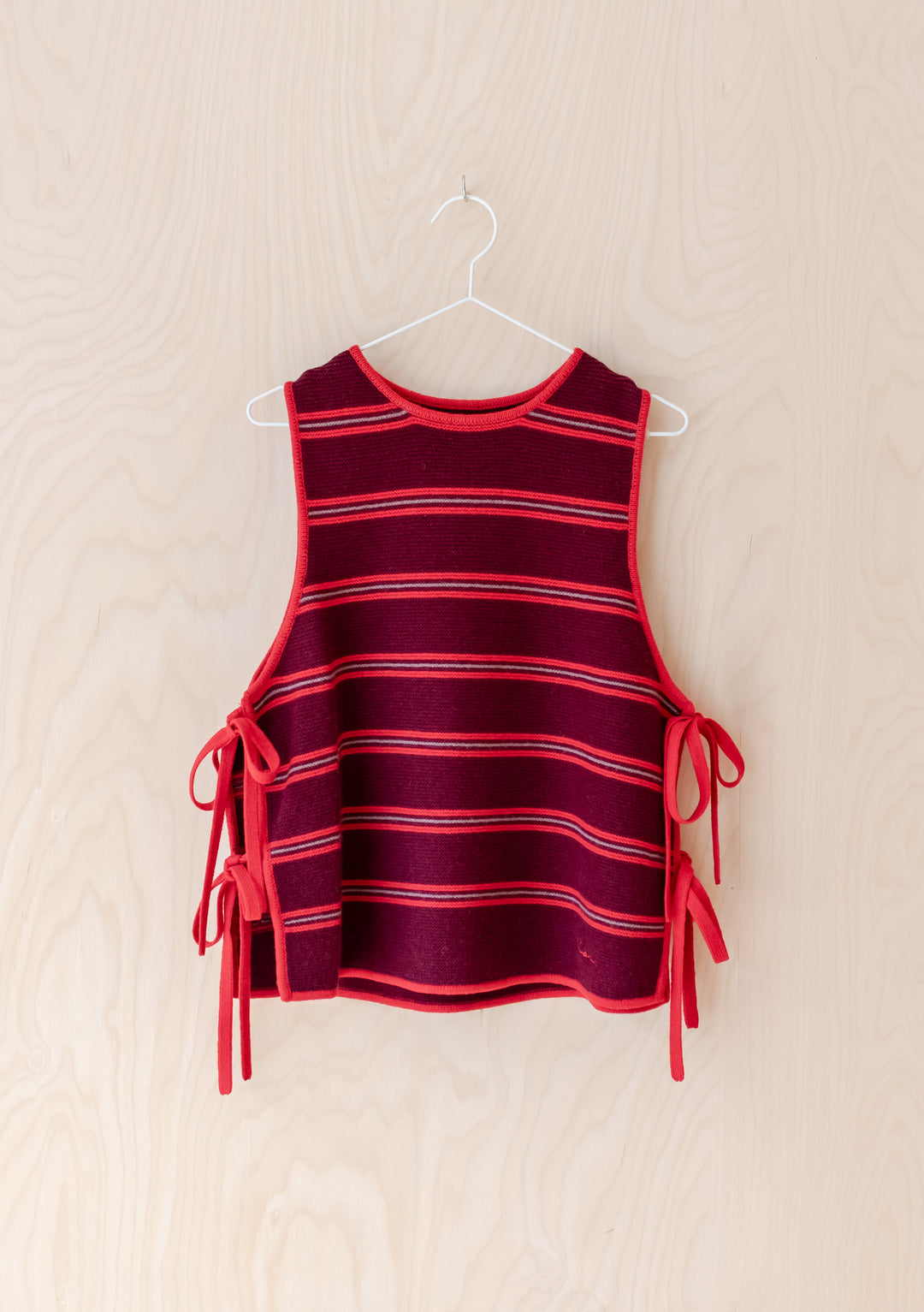 Merino Wool Tie Vest in Burgundy Stripe by TBCo with adjustable side ties and breathable soft merino wool fabric