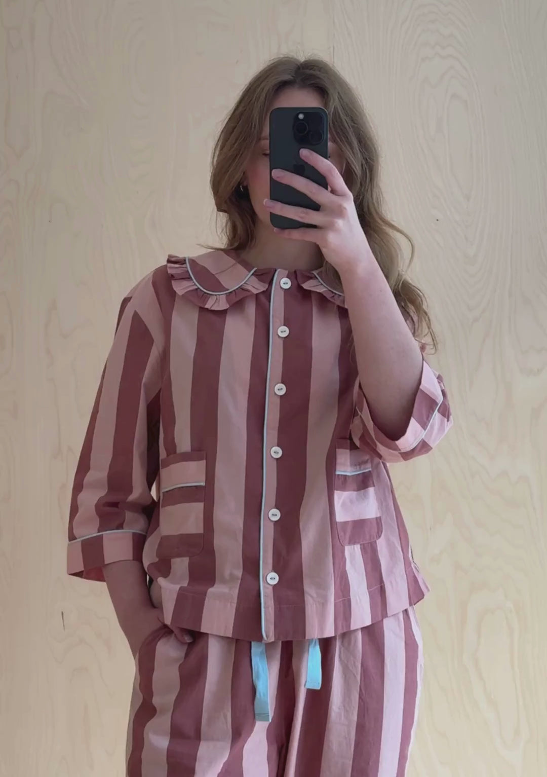 Cropped Cotton Pyjamas in Pink & Red Stripe