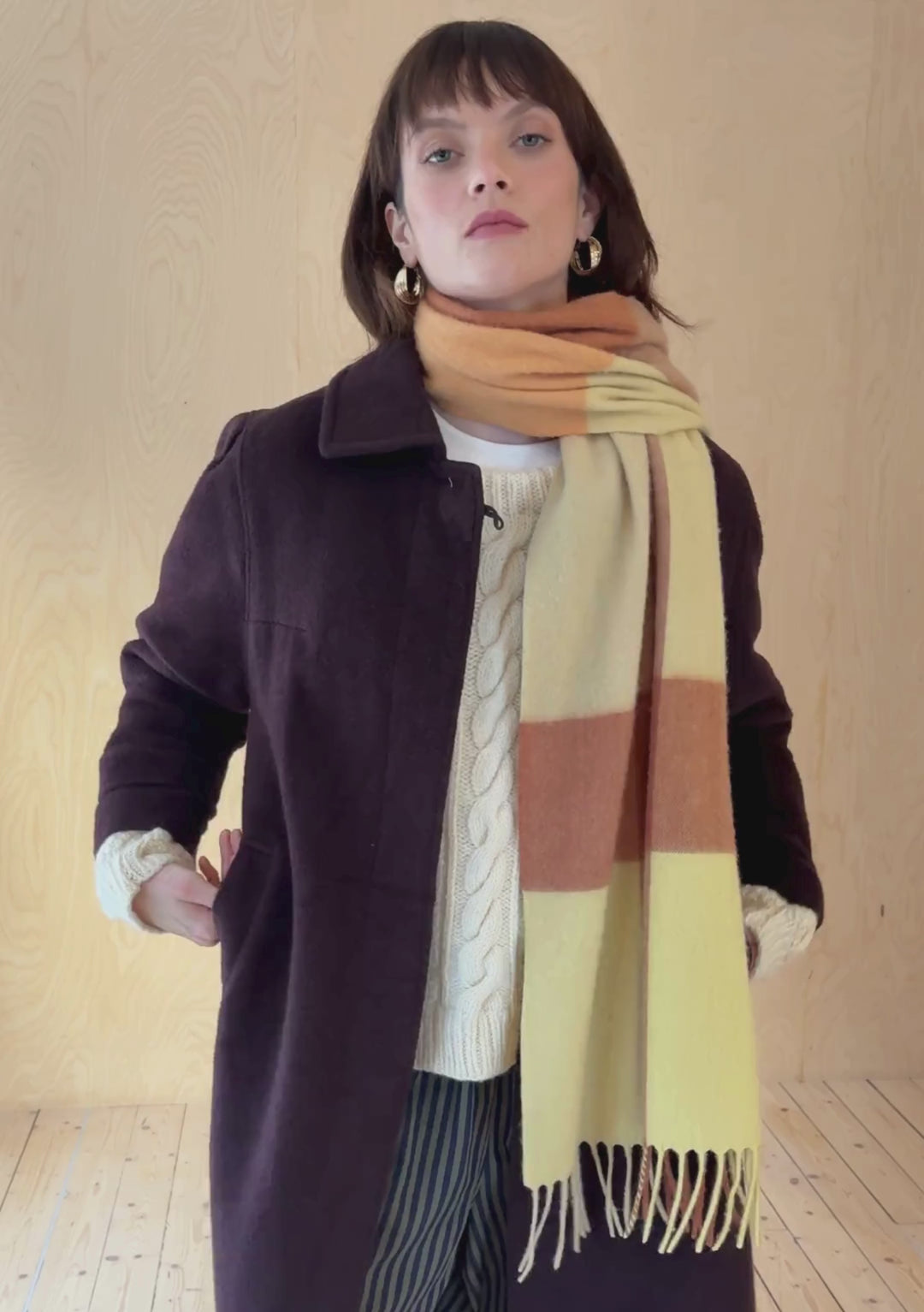 Lambswool Oversized Scarf in Buttermilk & Brown Block Check